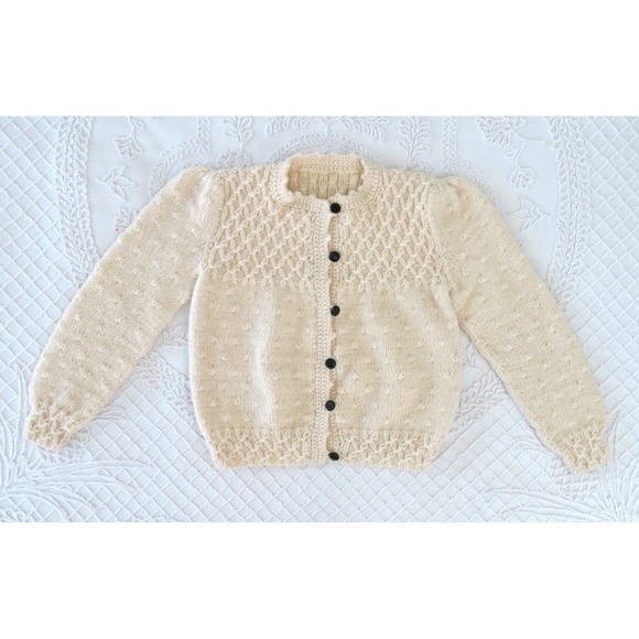 Hand Knitted Sweaters - Vintage Hand Made Knitted Wool Cardigan XS Cable Knit Cream Bobble Puff Sleeves